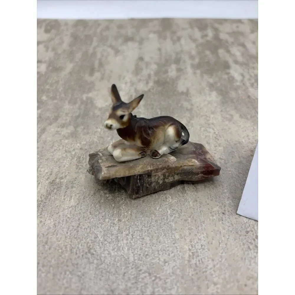 Vintage Mini Donkey Figurine On Natural Stone Rock 2.75